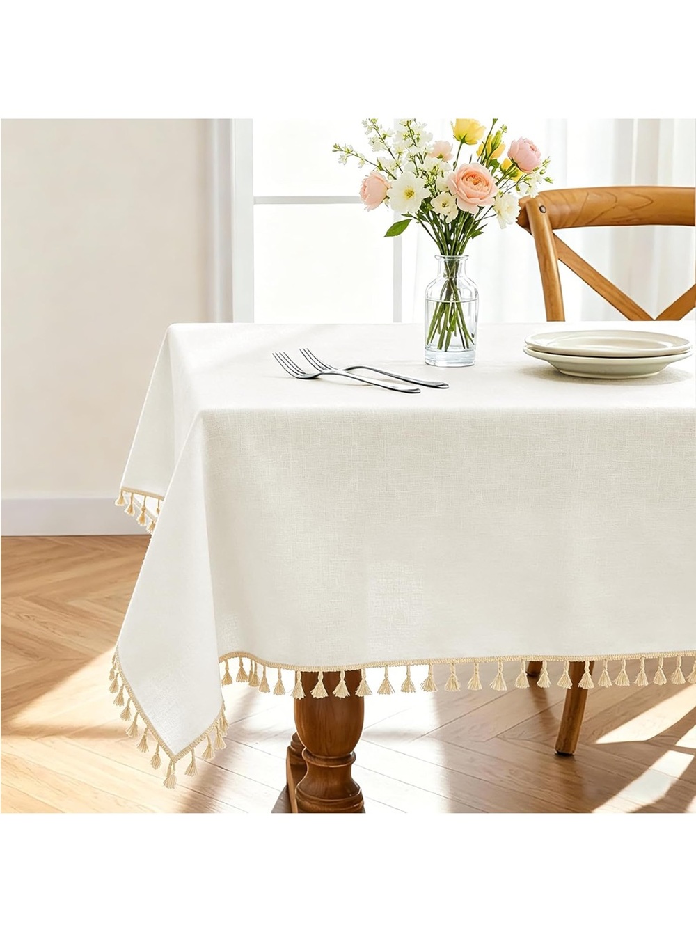 NEW Alsoo Cotton-Linen Tablecloth Farmhouse Wrinkle Free with Tassels 55”x75”